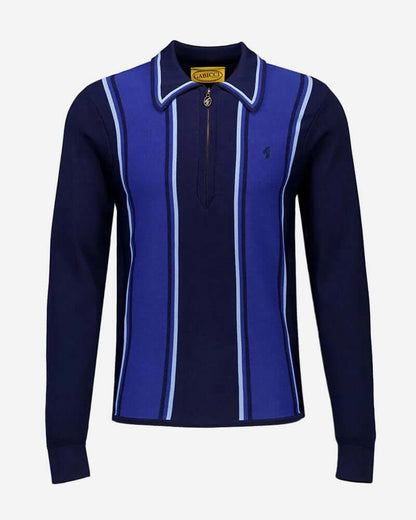 Gabicci XANDER Knit Polo Navy featuring stripes, long sleeves, and a zip placket for stylish comfort.