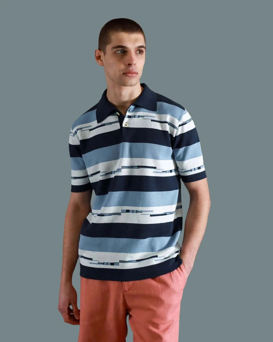 Far Afield KIER Polo Allure Blue / Navy Pixel Stripe Far Afield