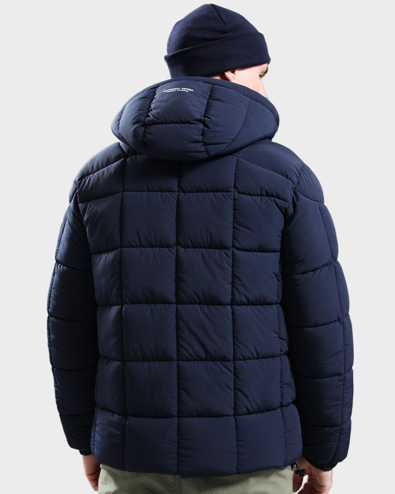 Marshall Artist YUKON Bubble Jacket Navy back view showing square baffle design and adjustable hood.