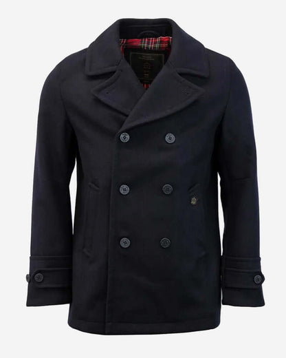 Merc DOYLE Mod Style Peacoat Black featuring double-breasted design and red tartan lining.