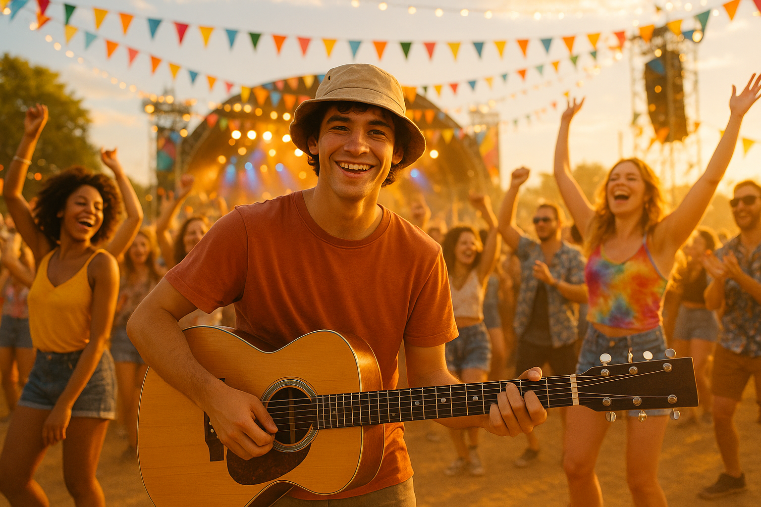 summer music festival young guy people having fun guitar bucket hat t shirt