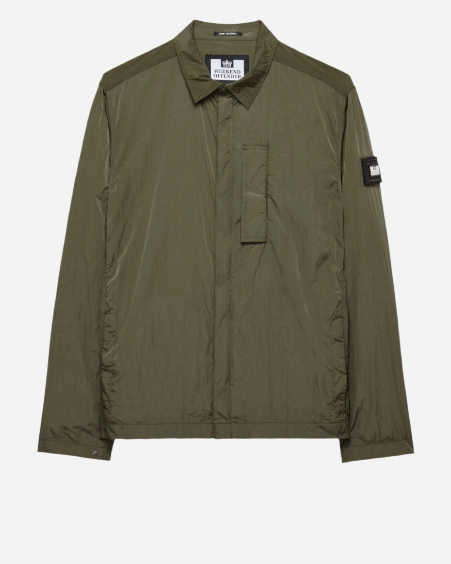 Weekend Offender PORTER Overshirt in Castle Green with storm placket and branded press stud collar, versatile for outdoor activities.