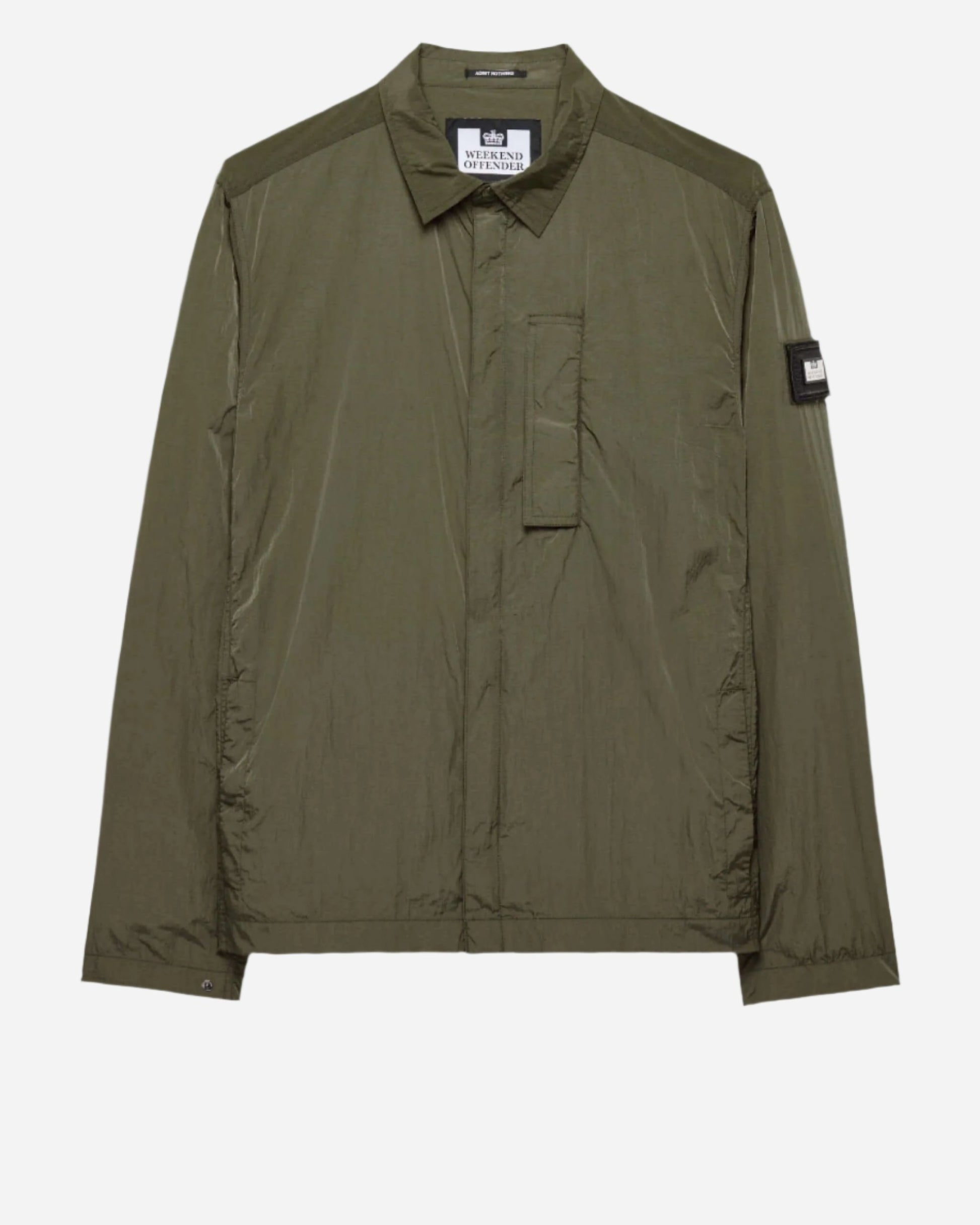 Weekend Offender PORTER Overshirt in Castle Green with storm placket and branded press stud collar, versatile for outdoor activities.