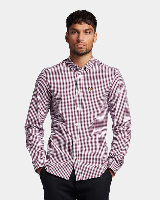 Lyle and Scott Shirt Long Sleeve Slim Fit Burgundy/White-30% Off