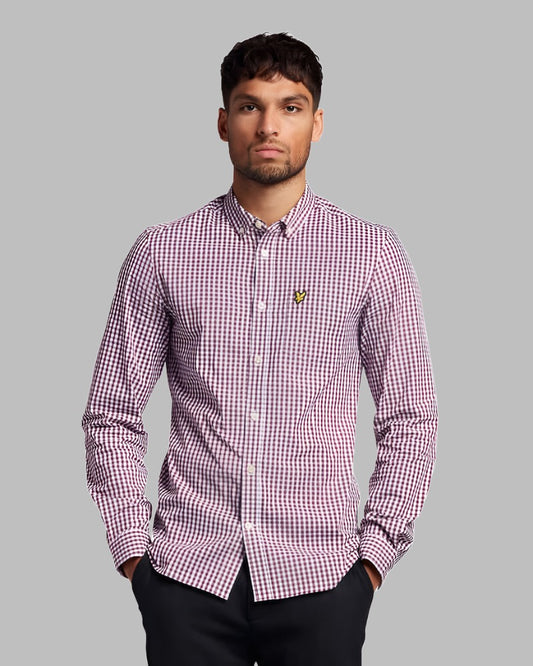 Lyle and Scott Shirt Long Sleeve Slim Fit Burgundy/White-30% Off